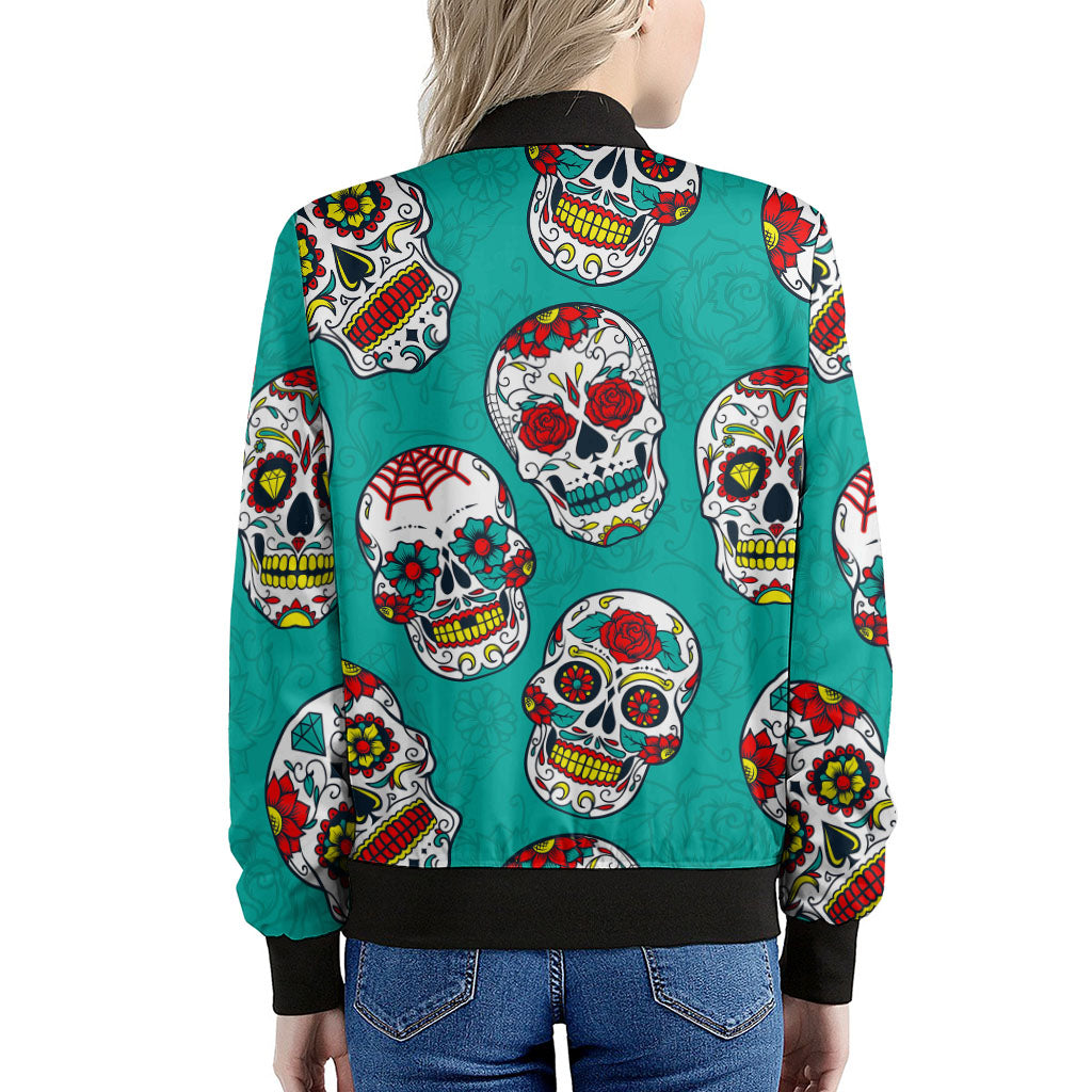 Teal Sugar Skull Pattern Print Women's Bomber Jacket