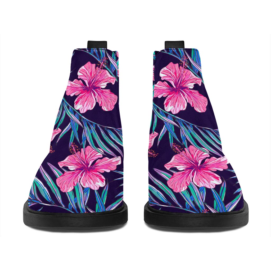 Teal Tropical Hibiscus Pattern Print Flat Ankle Boots
