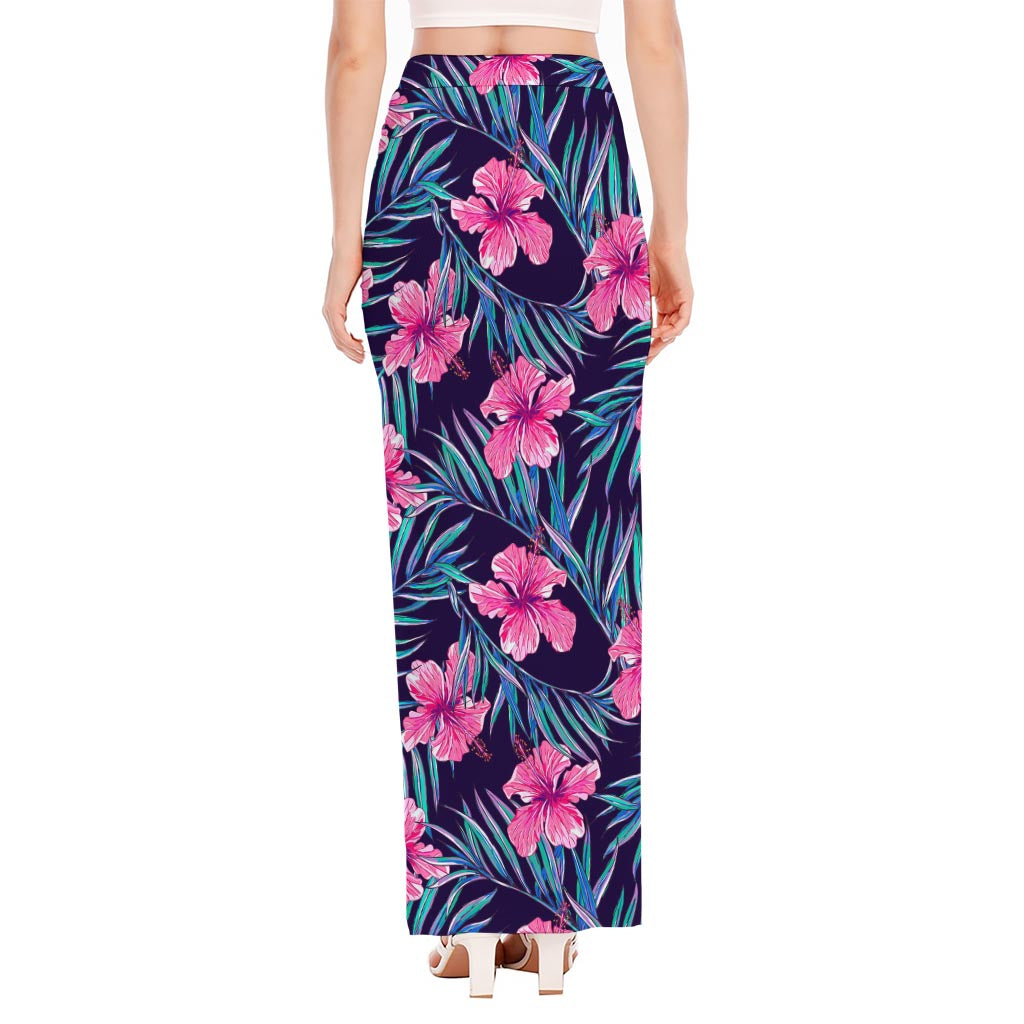 Teal Tropical Hibiscus Pattern Print High Slit Maxi Skirt
