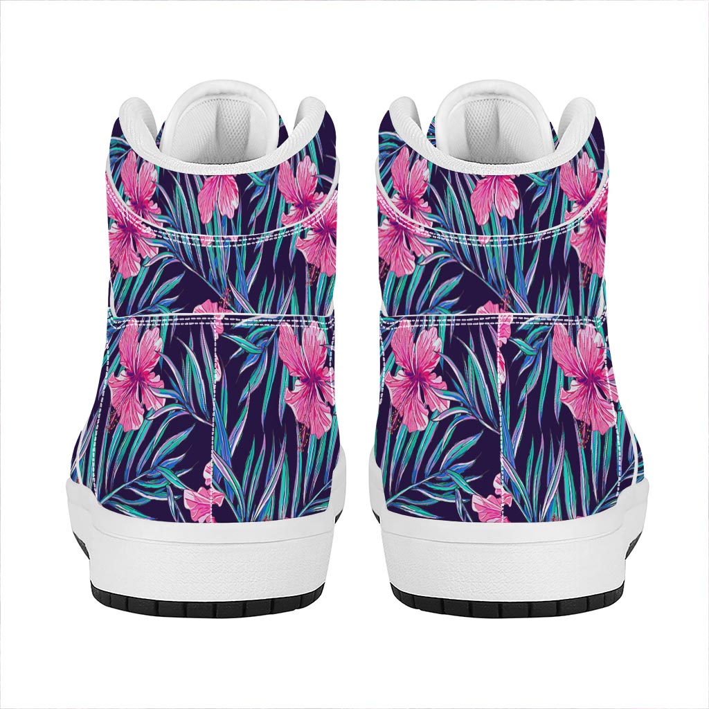 Teal Tropical Hibiscus Pattern Print High Top Leather Sneakers