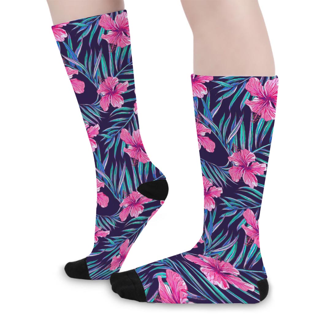 Teal Tropical Hibiscus Pattern Print Long Socks