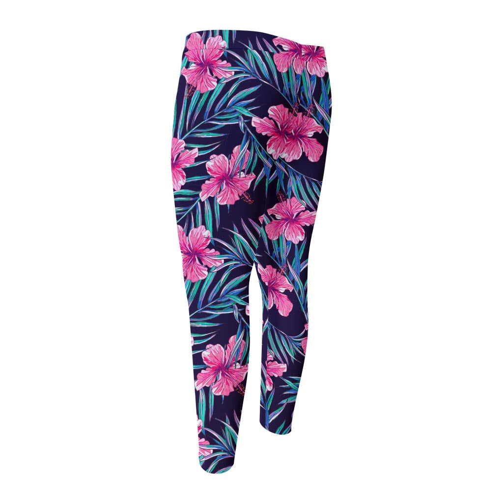 Teal Tropical Hibiscus Pattern Print Men's Compression Pants