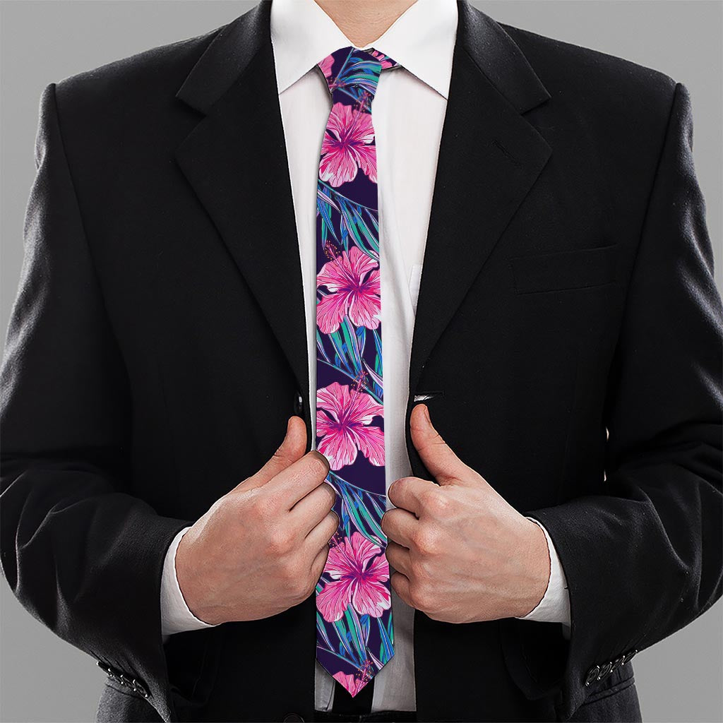 Teal Tropical Hibiscus Pattern Print Necktie