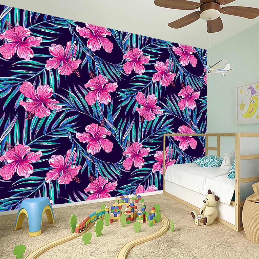 Teal Tropical Hibiscus Pattern Print Wall Sticker