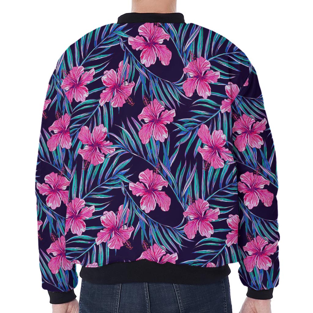 Teal Tropical Hibiscus Pattern Print Zip Sleeve Bomber Jacket