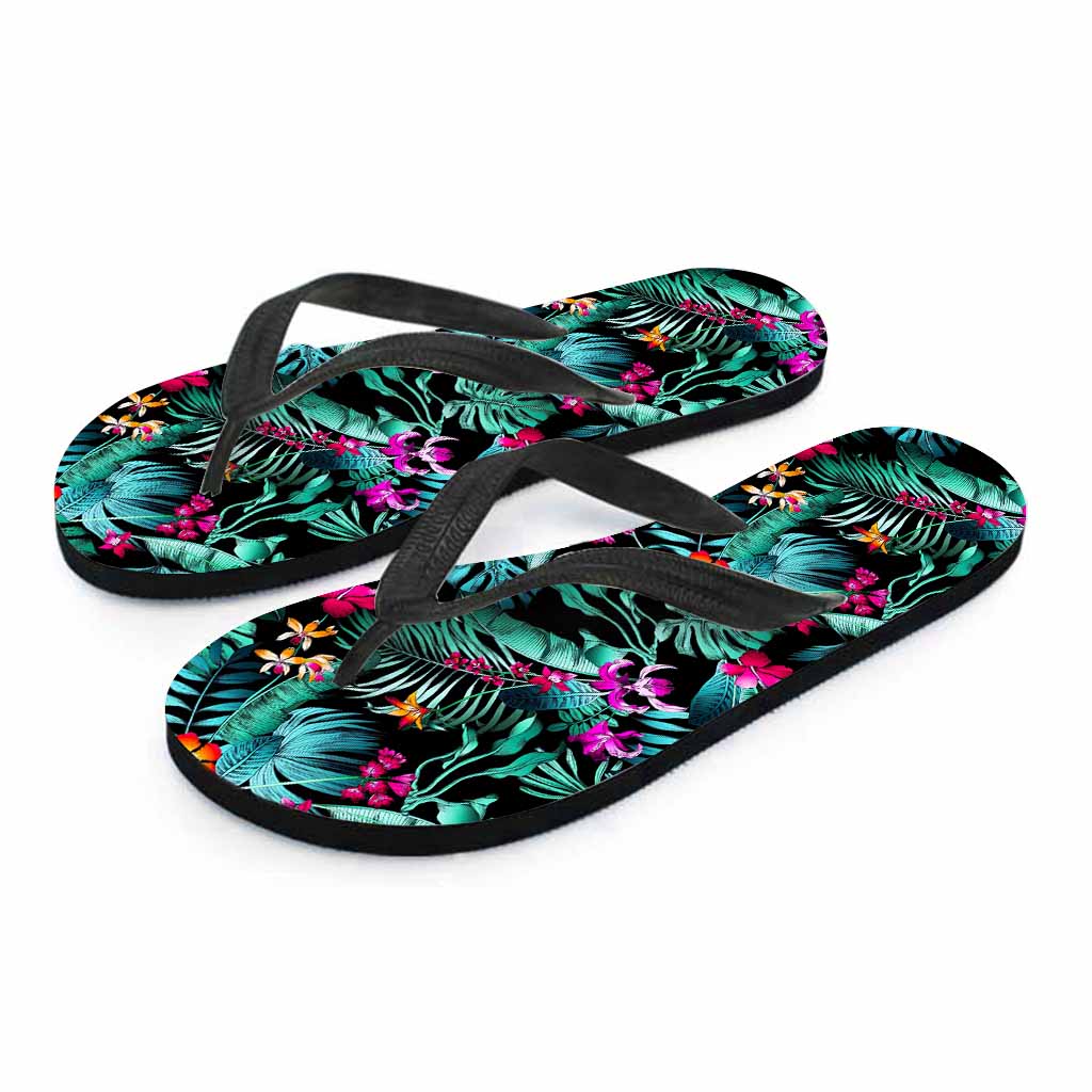 Teal Tropical Leaf Hawaii Pattern Print Flip Flops