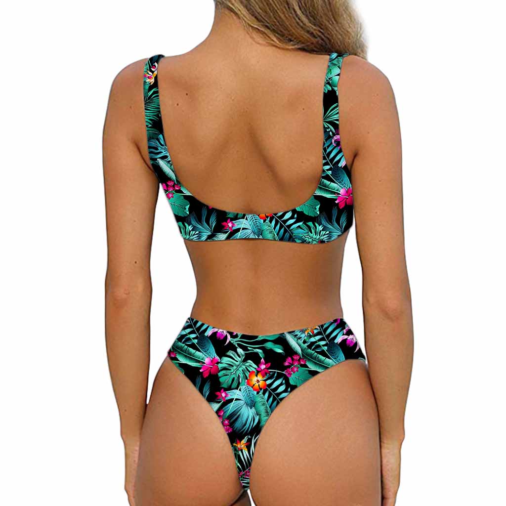 Teal Tropical Leaf Hawaii Pattern Print Front Bow Tie Bikini