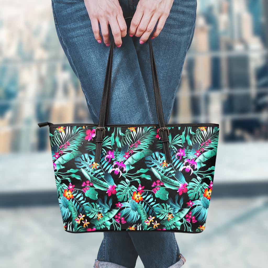 Teal Tropical Leaf Hawaii Pattern Print Leather Tote Bag