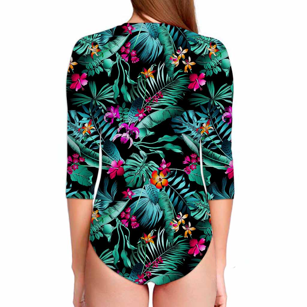 Teal Tropical Leaf Hawaii Pattern Print Long Sleeve Swimsuit