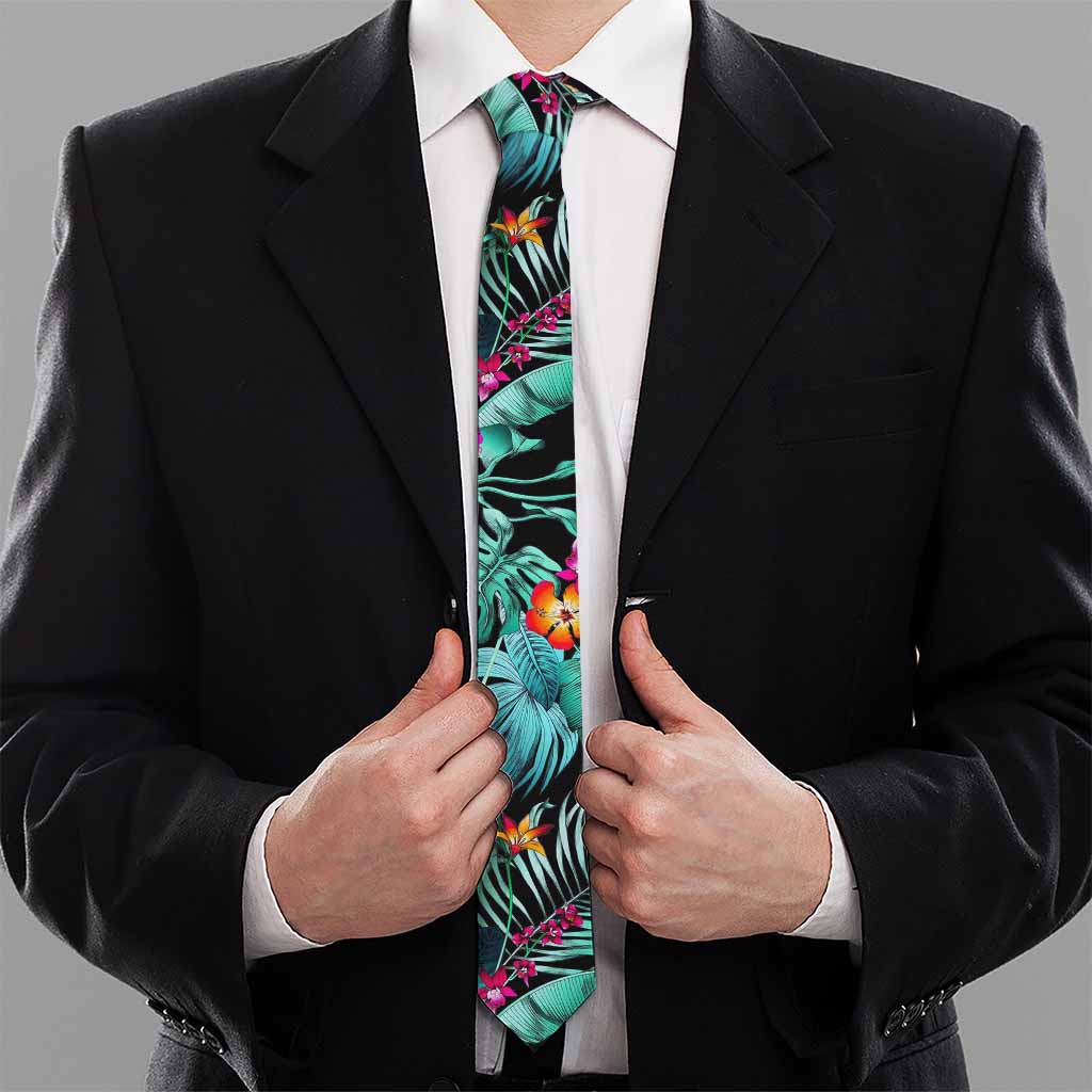 Teal Tropical Leaf Hawaii Pattern Print Necktie
