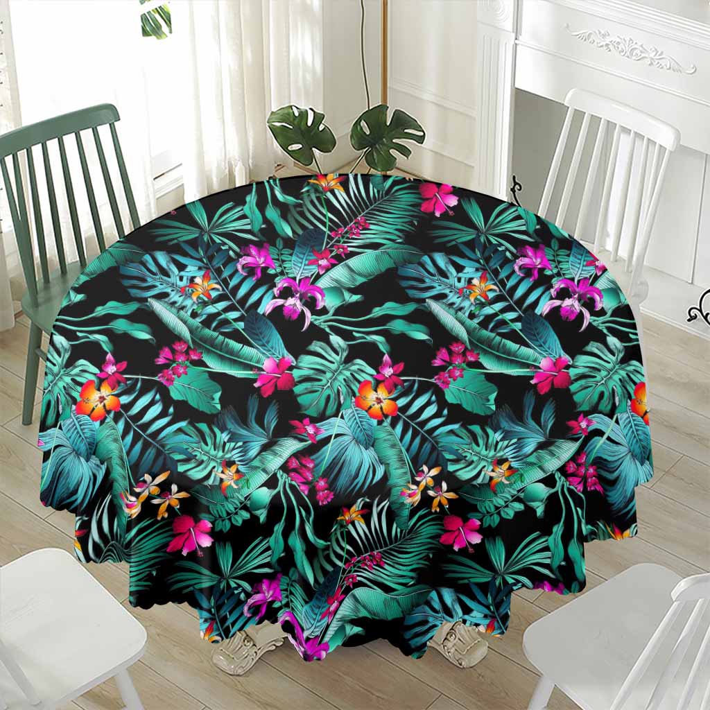 Teal Tropical Leaf Hawaii Pattern Print Waterproof Round Tablecloth