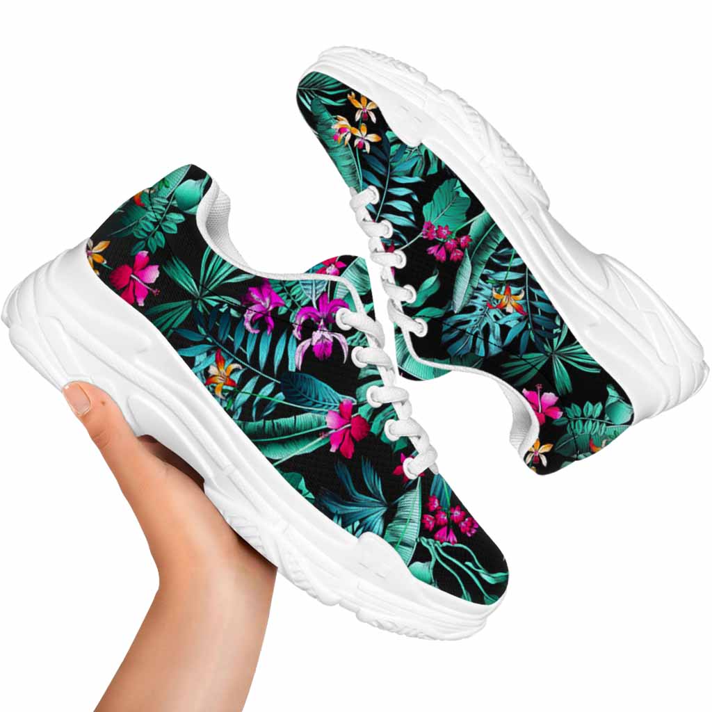 Teal Tropical Leaf Hawaii Pattern Print White Chunky Shoes