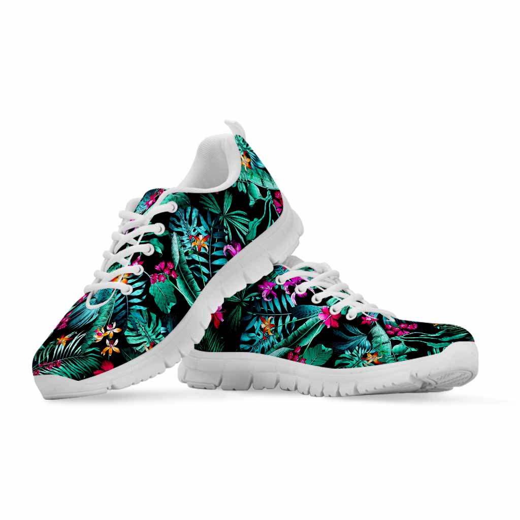 Teal Tropical Leaf Hawaii Pattern Print White Running Shoes
