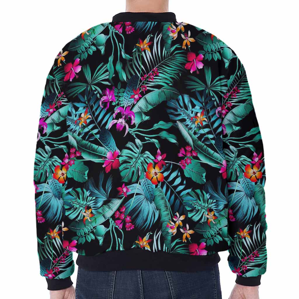 Teal Tropical Leaf Hawaii Pattern Print Zip Sleeve Bomber Jacket