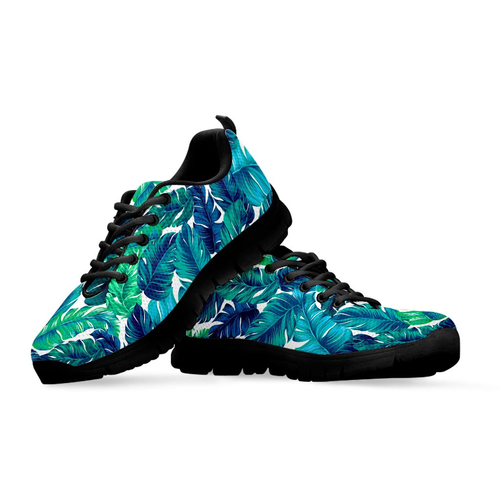 Teal Tropical Leaf Pattern Print Black Running Shoes