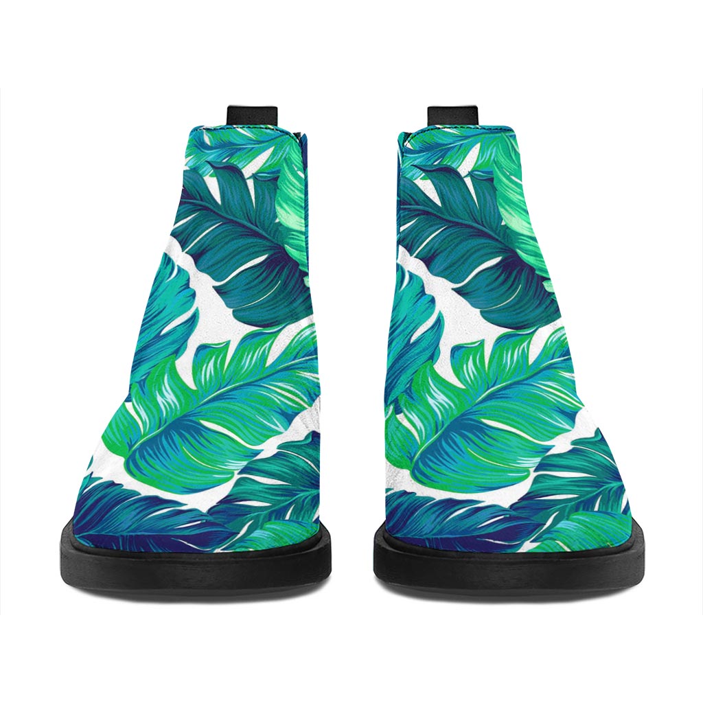 Teal Tropical Leaf Pattern Print Flat Ankle Boots