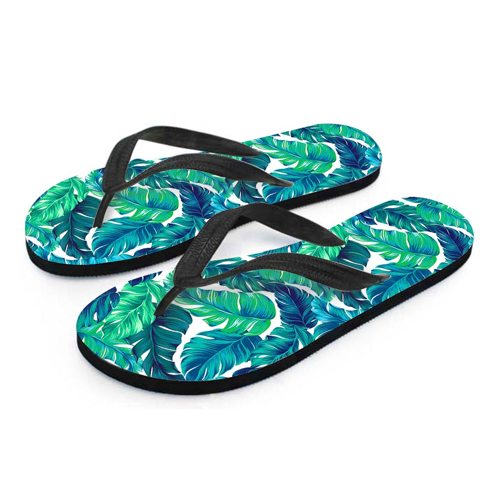 Teal Tropical Leaf Pattern Print Flip Flops