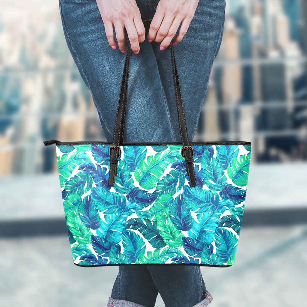 Teal Tropical Leaf Pattern Print Leather Tote Bag