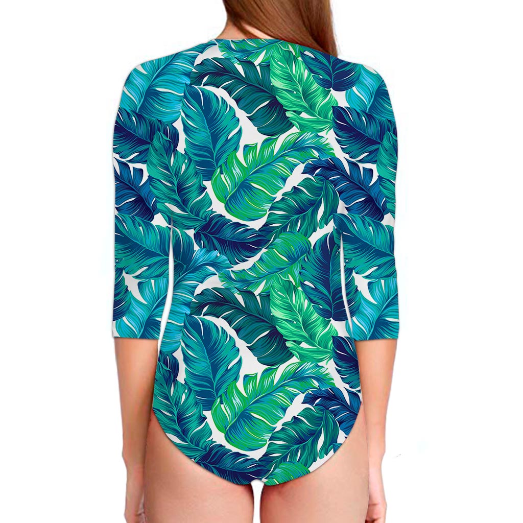 Teal Tropical Leaf Pattern Print Long Sleeve Swimsuit
