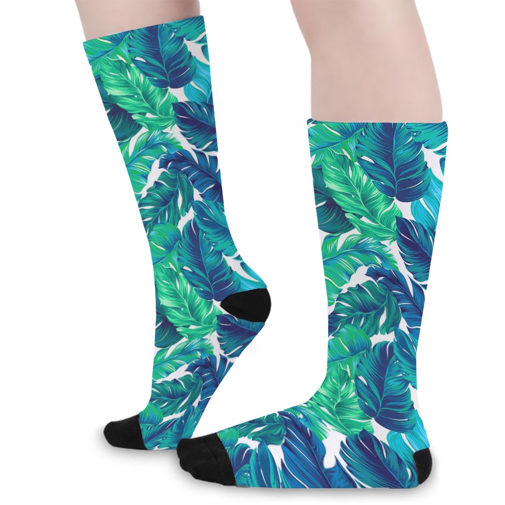 Teal Tropical Leaf Pattern Print Long Socks