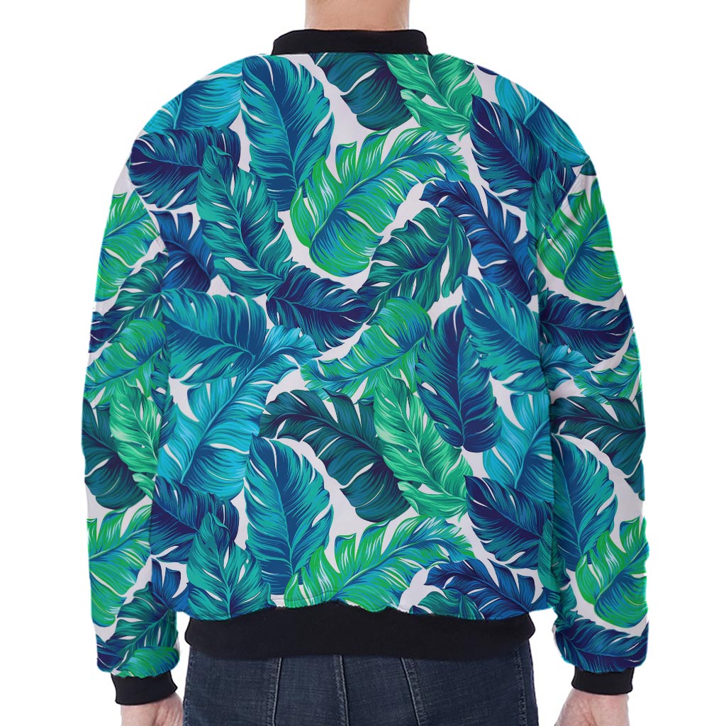 Teal Tropical Leaf Pattern Print Zip Sleeve Bomber Jacket