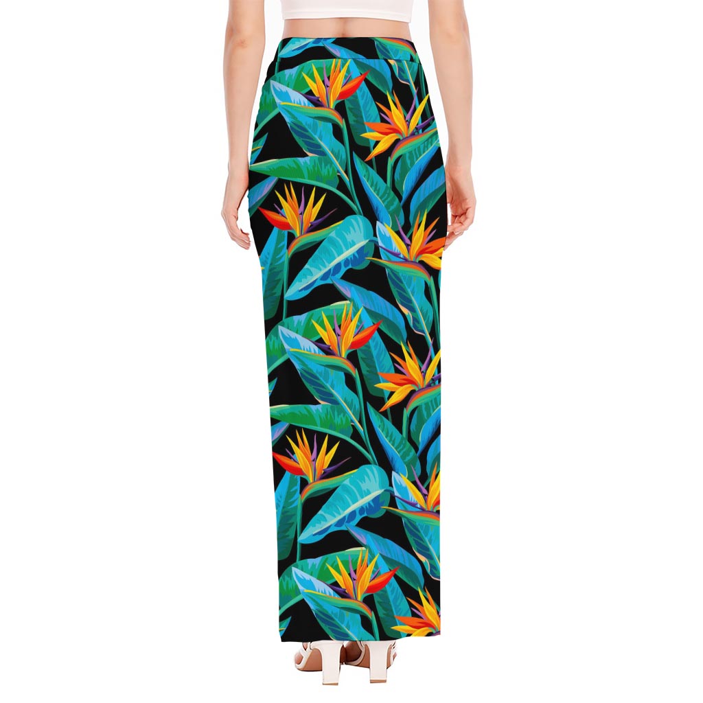 Teal Tropical Pattern Print High Slit Maxi Skirt