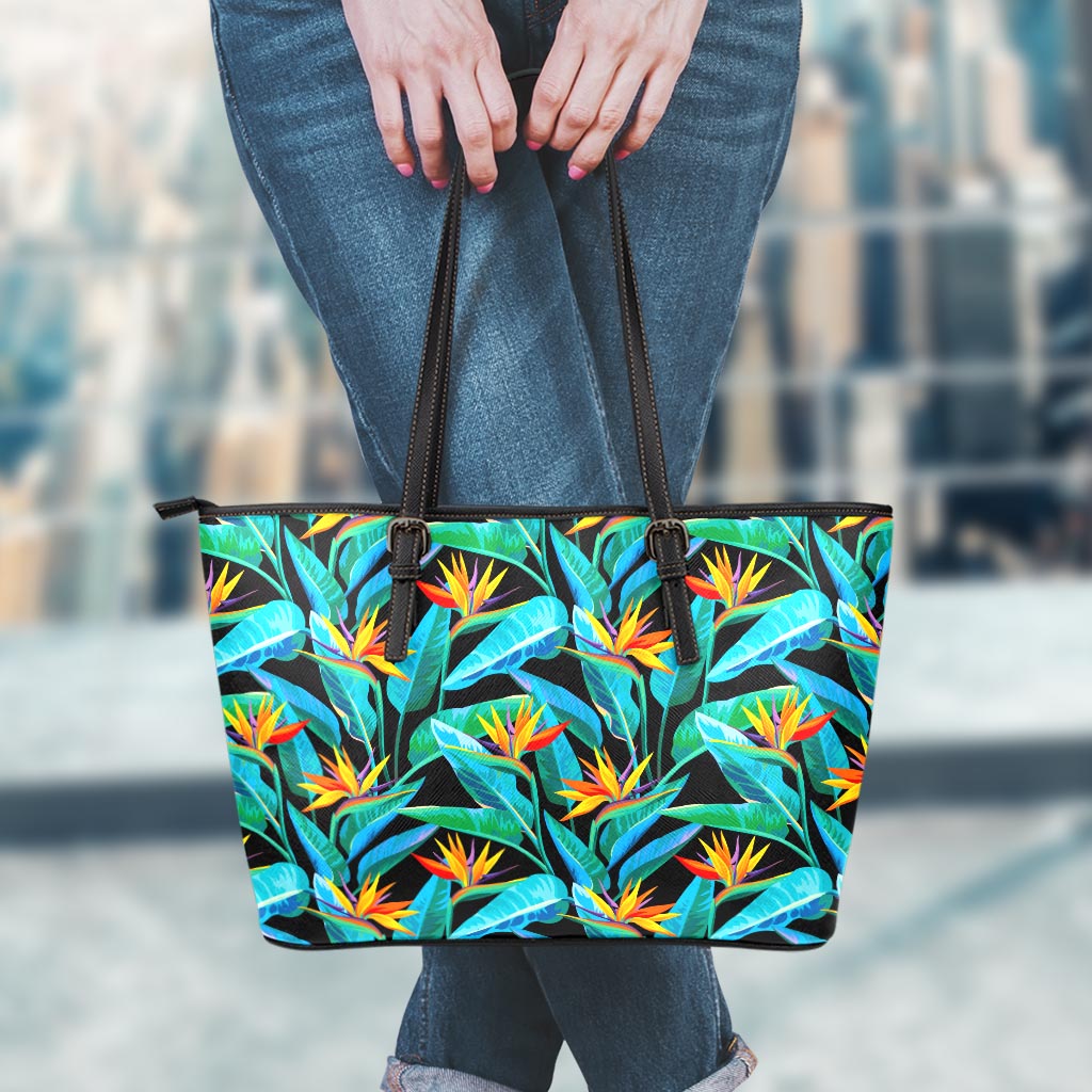 Teal Tropical Pattern Print Leather Tote Bag
