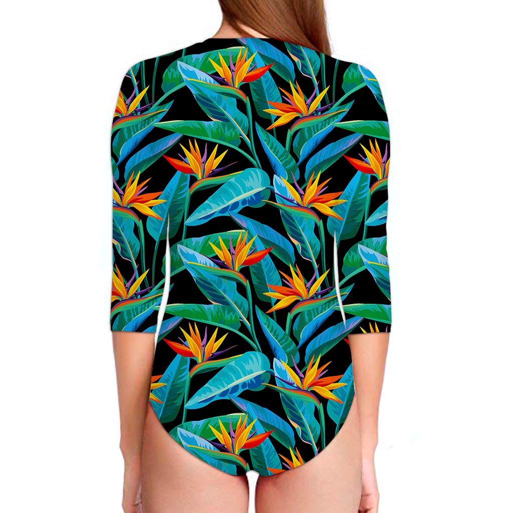 Teal Tropical Pattern Print Long Sleeve Swimsuit