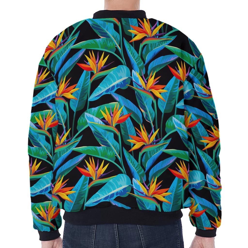 Teal Tropical Pattern Print Zip Sleeve Bomber Jacket