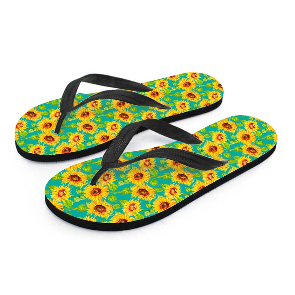 Teal Watercolor Sunflower Pattern Print Flip Flops