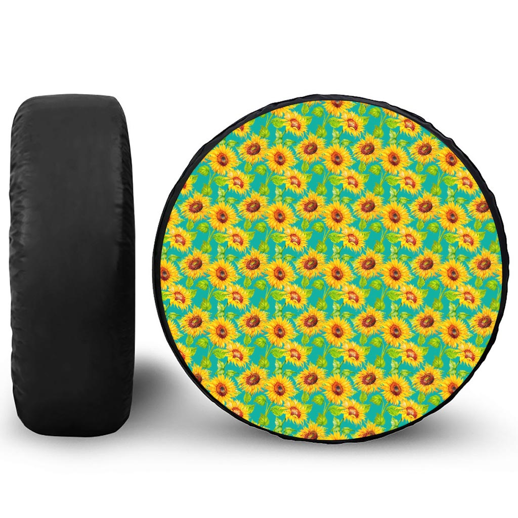 Teal Watercolor Sunflower Pattern Print Leather Spare Tire Cover