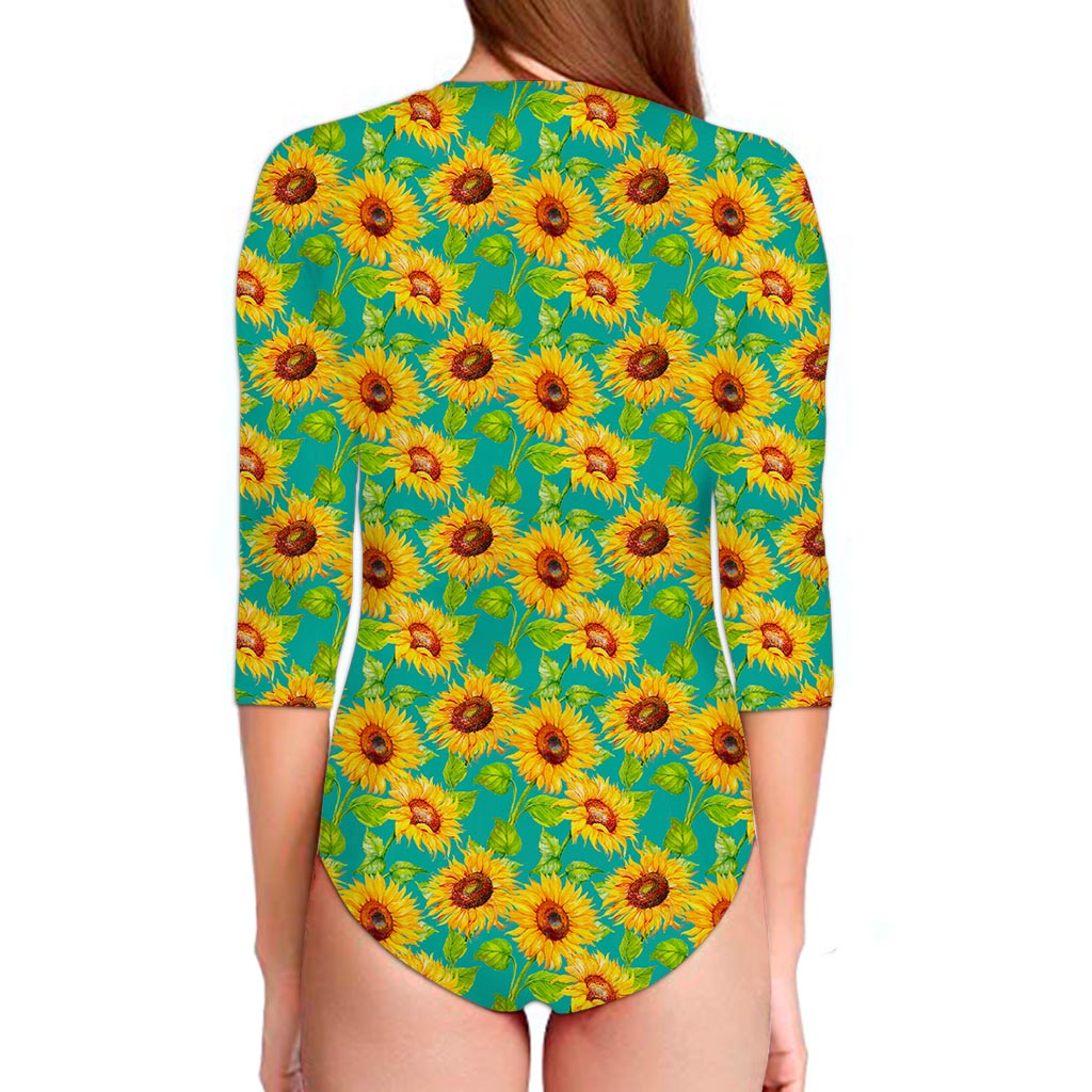 Teal Watercolor Sunflower Pattern Print Long Sleeve Swimsuit