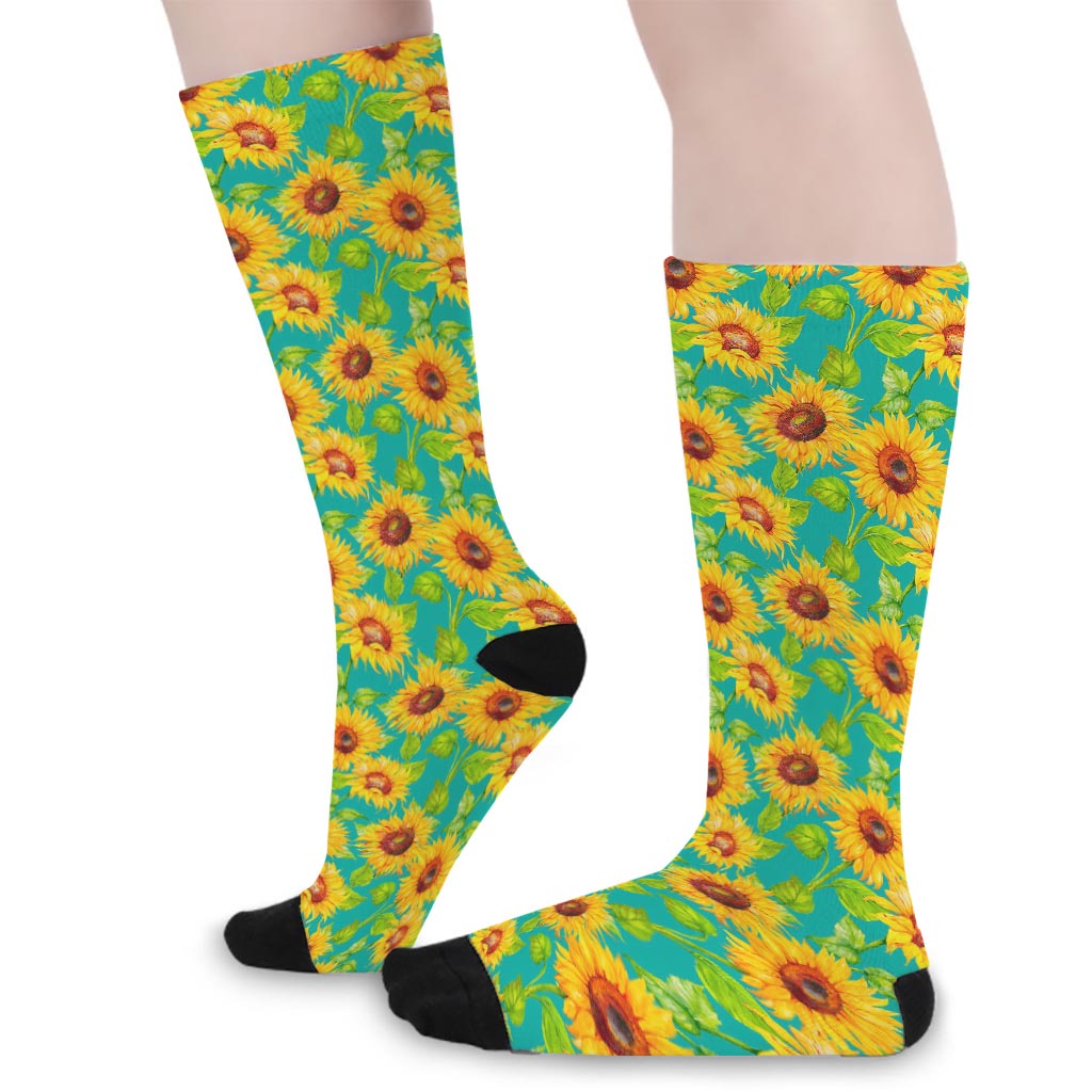 Teal Watercolor Sunflower Pattern Print Long Socks