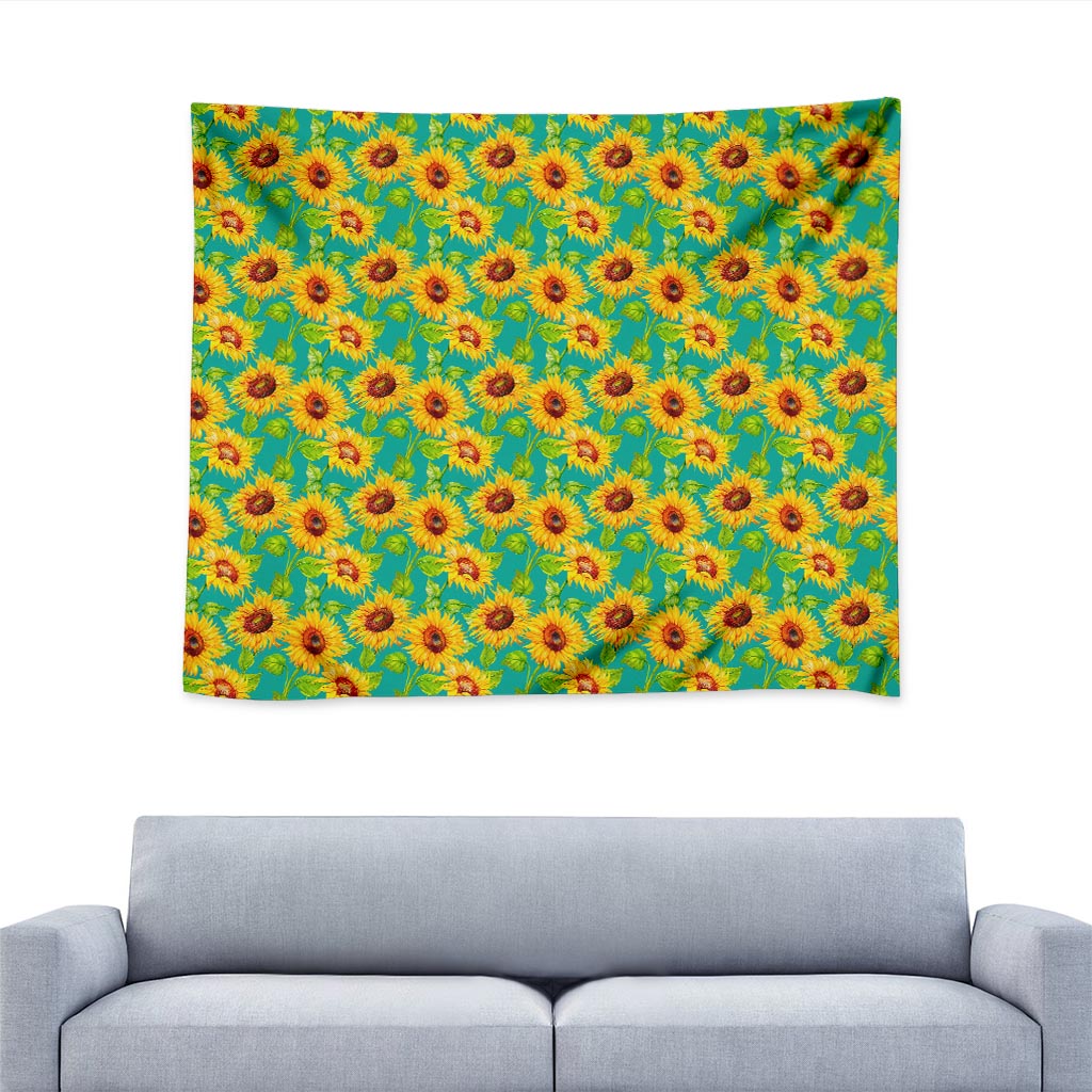 Teal Watercolor Sunflower Pattern Print Tapestry