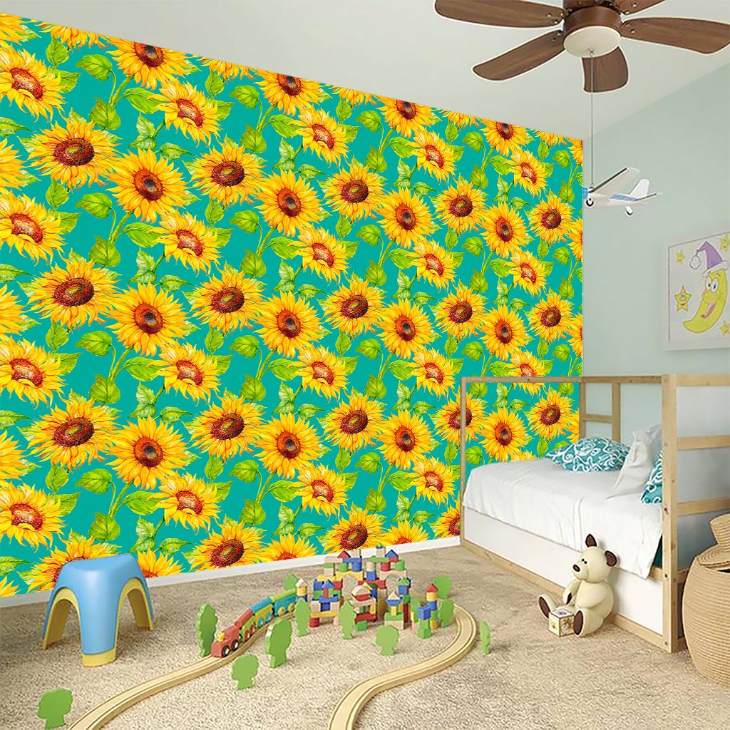 Teal Watercolor Sunflower Pattern Print Wall Sticker