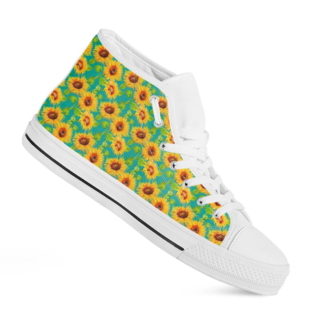Teal Watercolor Sunflower Pattern Print White High Top Sneakers