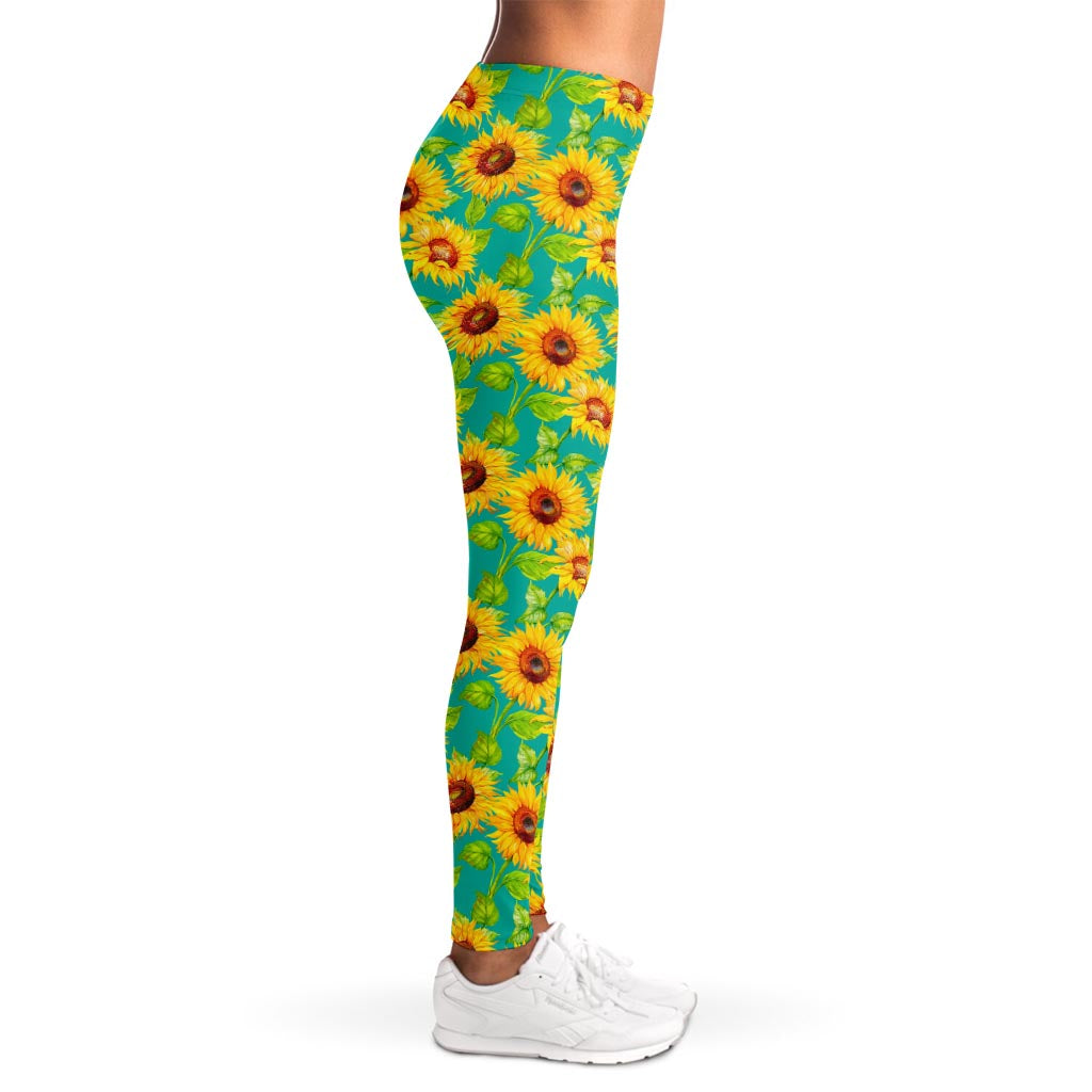 Teal Watercolor Sunflower Pattern Print Women's Leggings