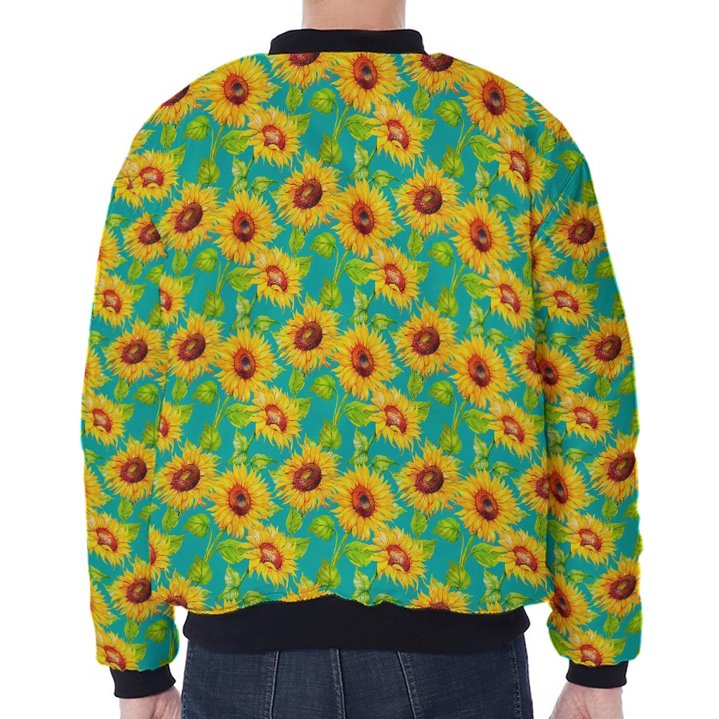 Teal Watercolor Sunflower Pattern Print Zip Sleeve Bomber Jacket