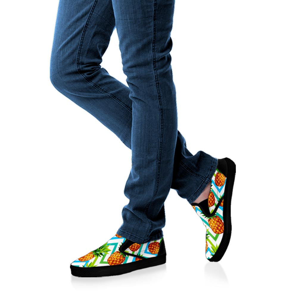 Teal Zig Zag Pineapple Pattern Print Black Slip On Sneakers