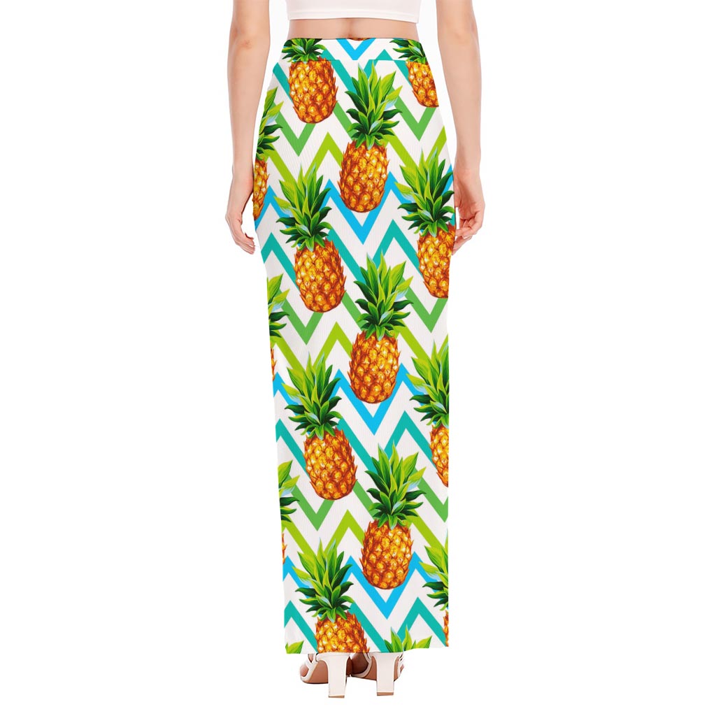 Teal Zig Zag Pineapple Pattern Print High Slit Maxi Skirt