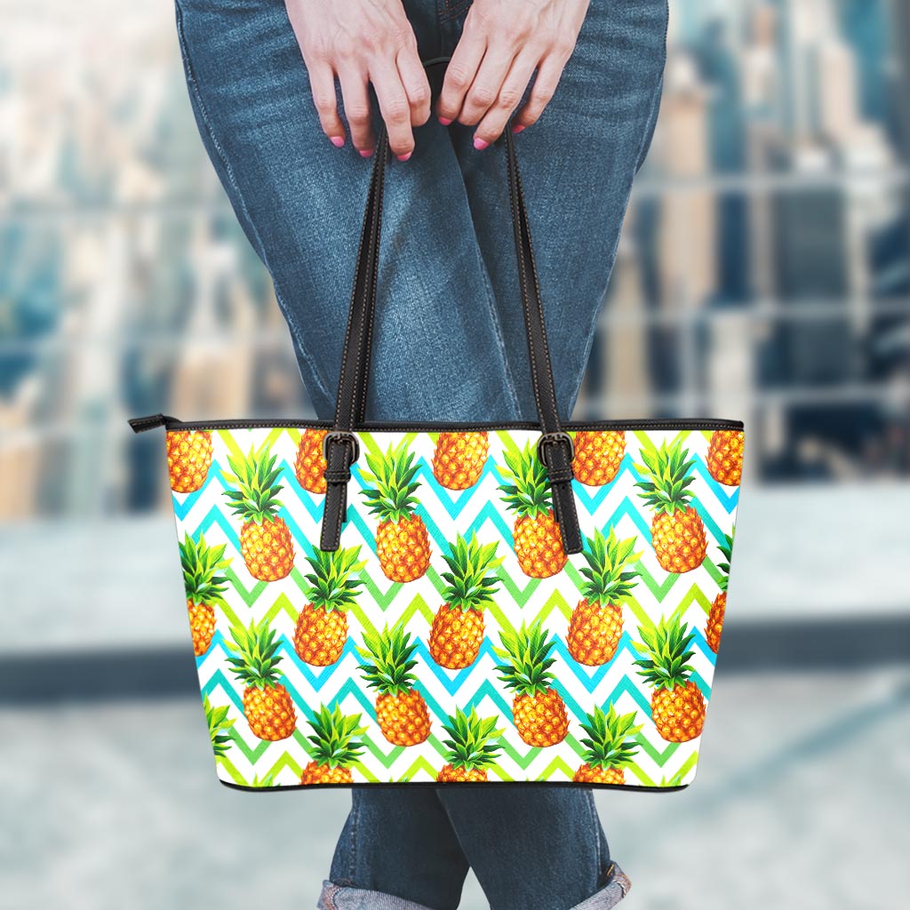 Teal Zig Zag Pineapple Pattern Print Leather Tote Bag