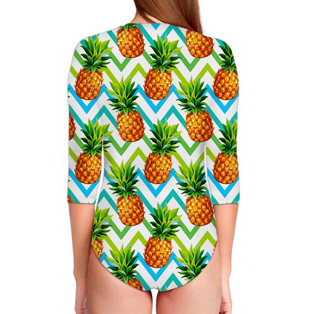 Teal Zig Zag Pineapple Pattern Print Long Sleeve Swimsuit
