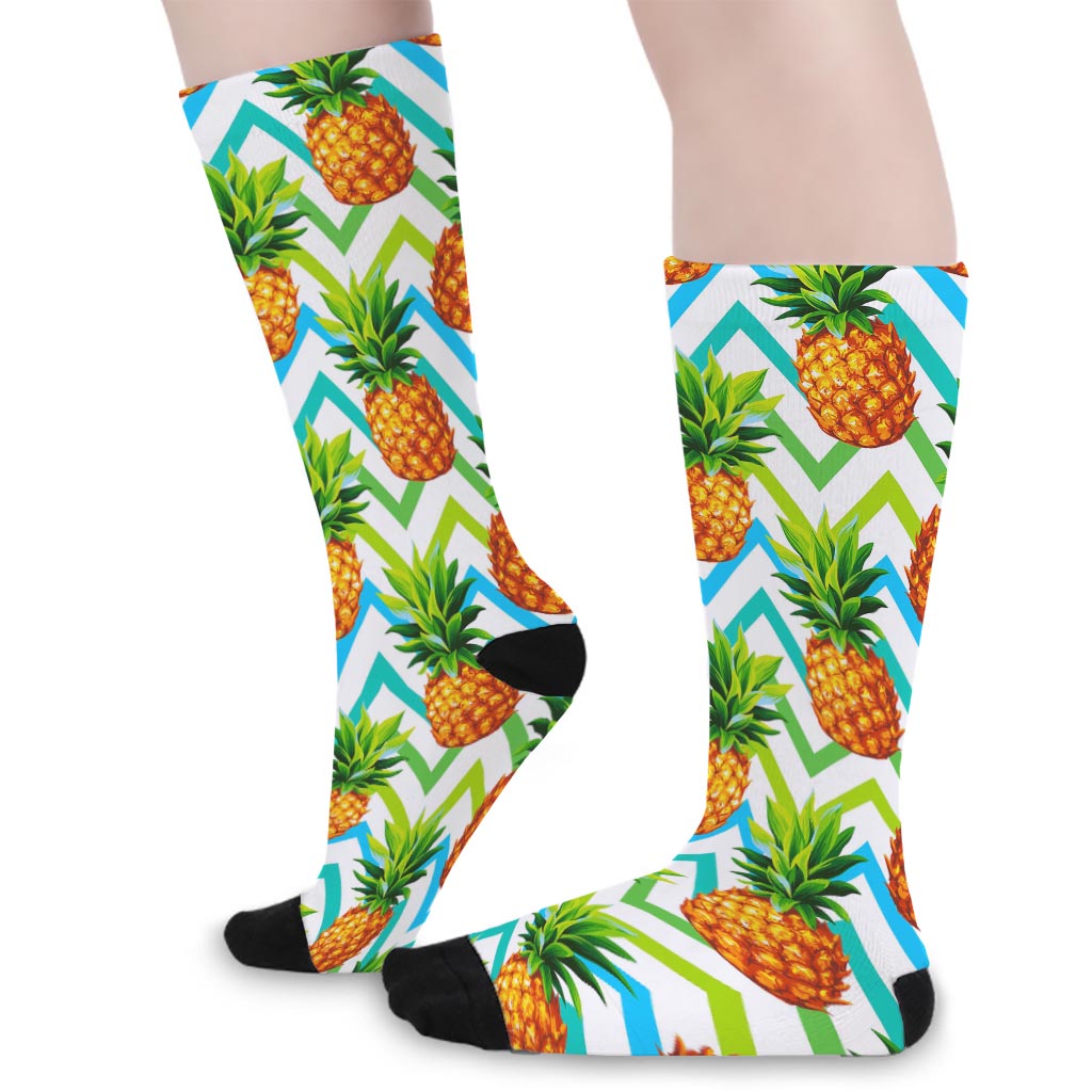Teal Zig Zag Pineapple Pattern Print Long Socks