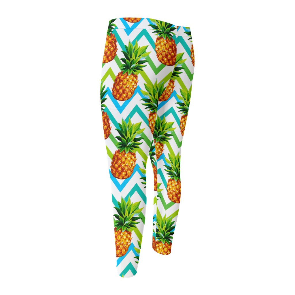 Teal Zig Zag Pineapple Pattern Print Men's Compression Pants