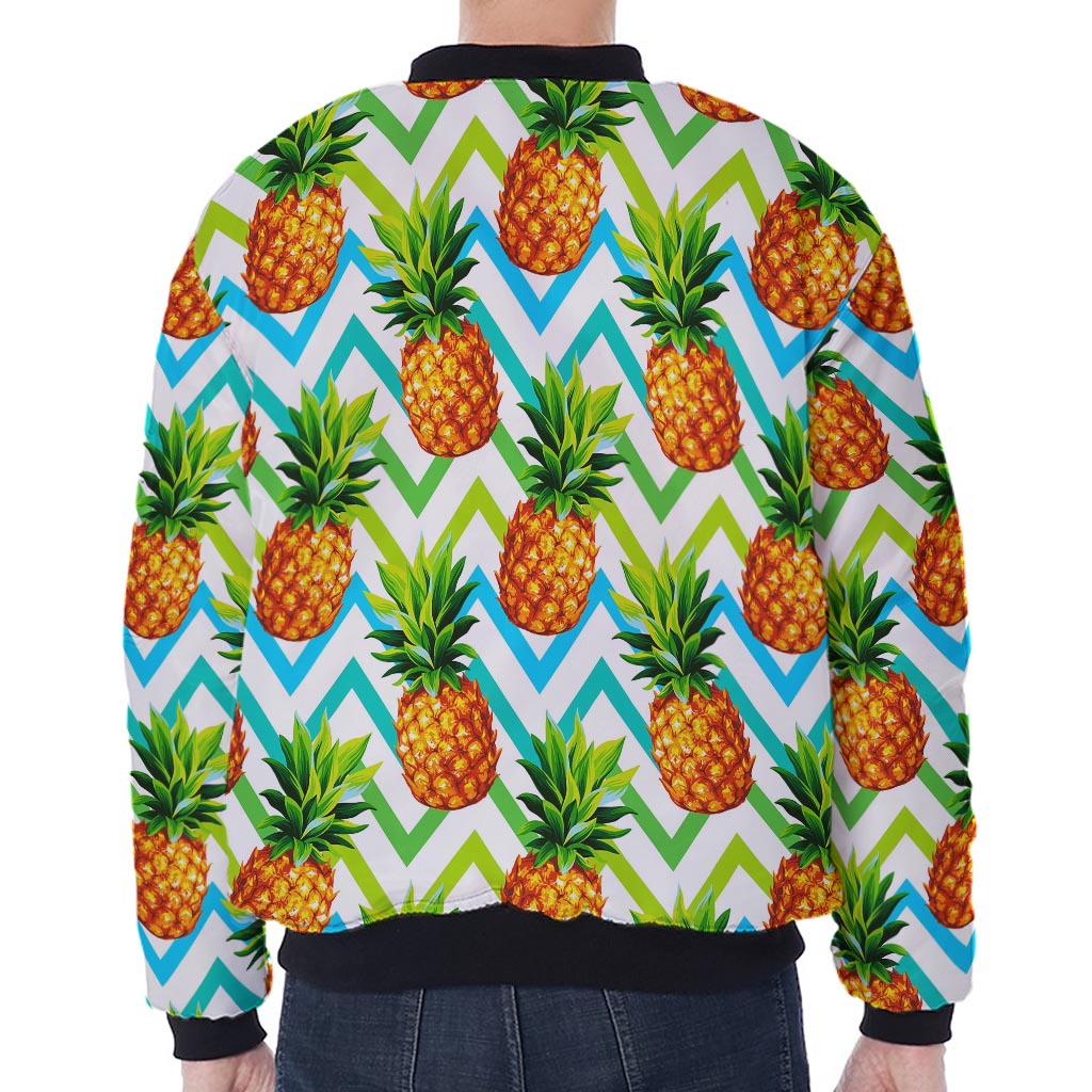 Teal Zig Zag Pineapple Pattern Print Zip Sleeve Bomber Jacket