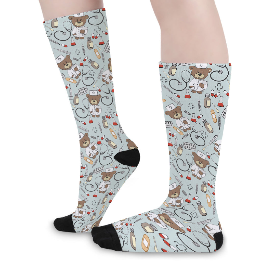 Teddy Bear Doctor Pattern Print Long Socks