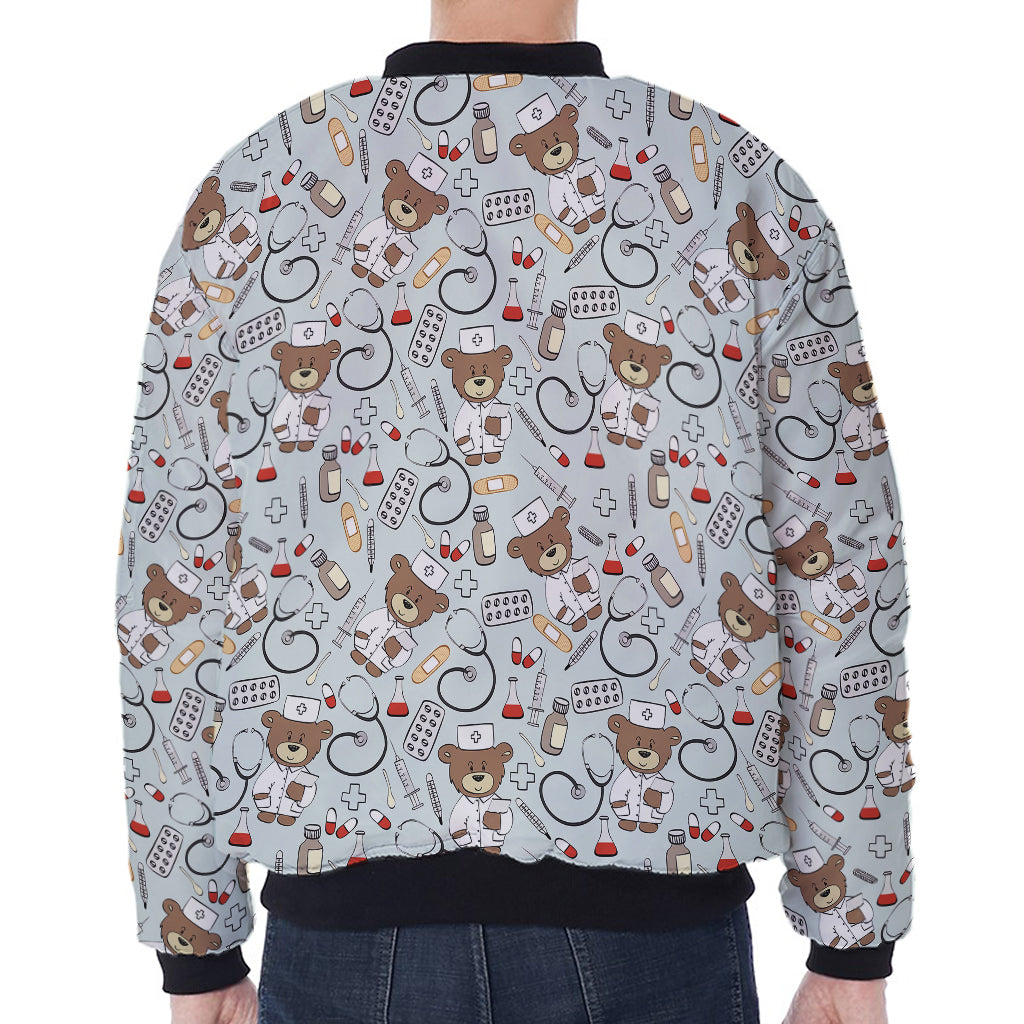 Teddy Bear Doctor Pattern Print Zip Sleeve Bomber Jacket