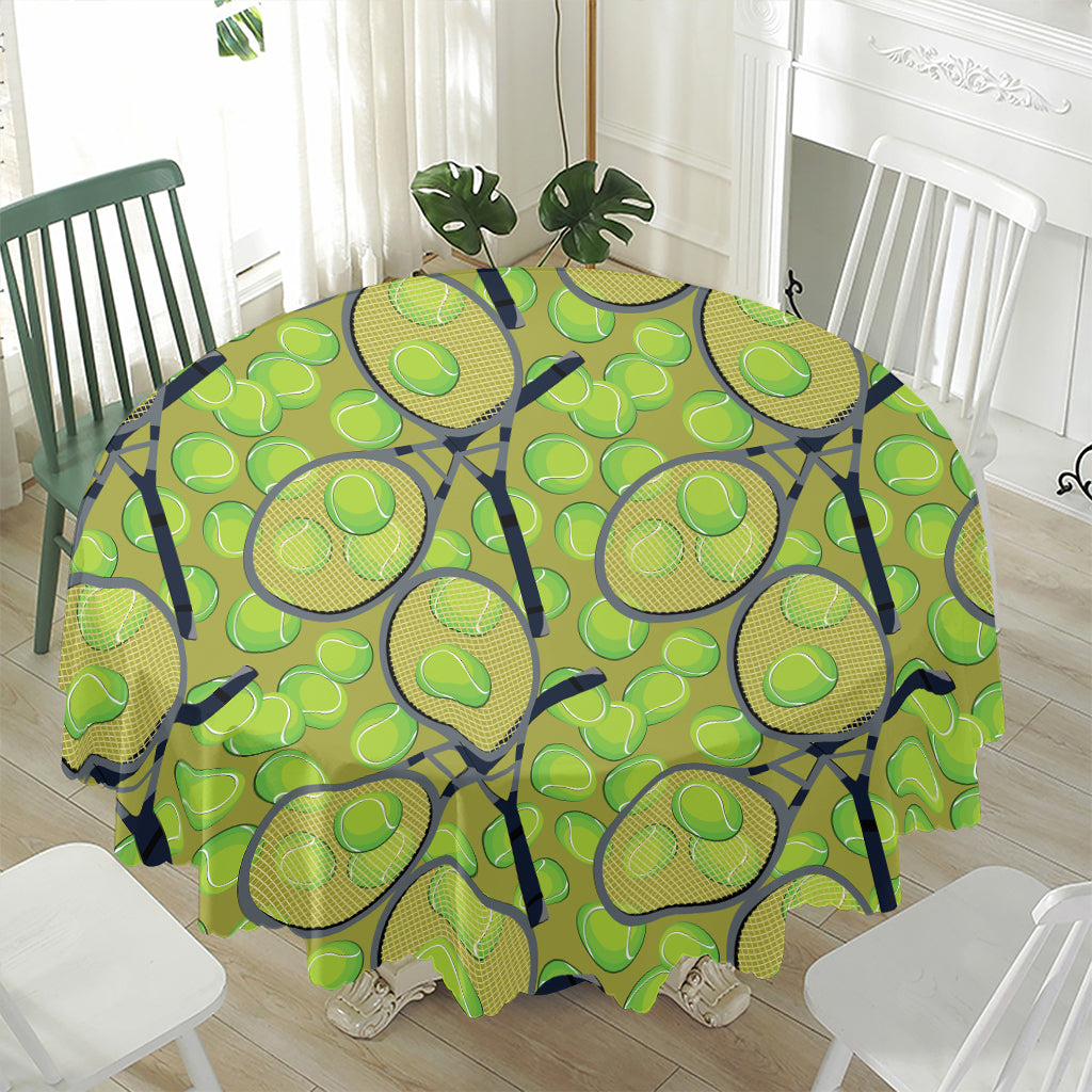 Tennis Ball And Racket Pattern Print Waterproof Round Tablecloth