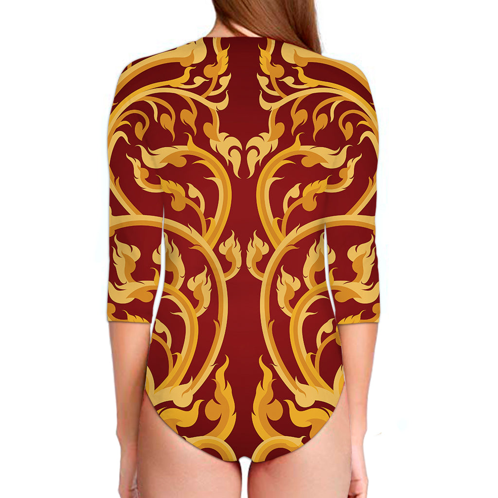 Thai Winding Vines Pattern Print Long Sleeve Swimsuit