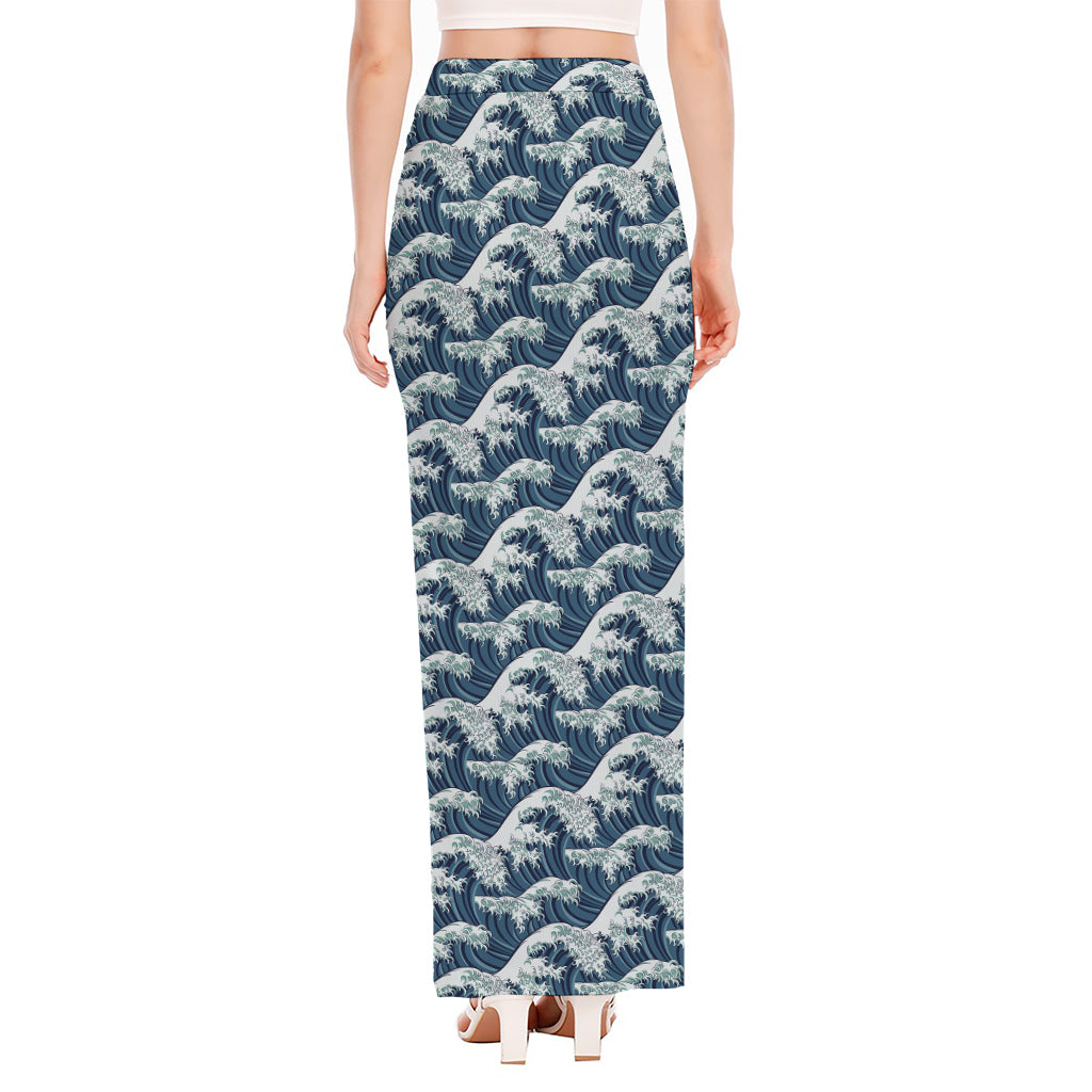 The Great Kanagawa Wave Pattern Print High Slit Maxi Skirt